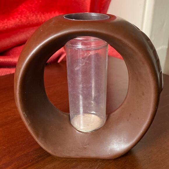 Mid Century Modern Brown Donut Vase Fall Autumn Minimalist Propagation Ikebana - Picture 5 of 10